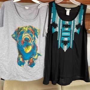 MED TEE & TANK Gray W/dog Print Black With Teal/white Design Gently Used.